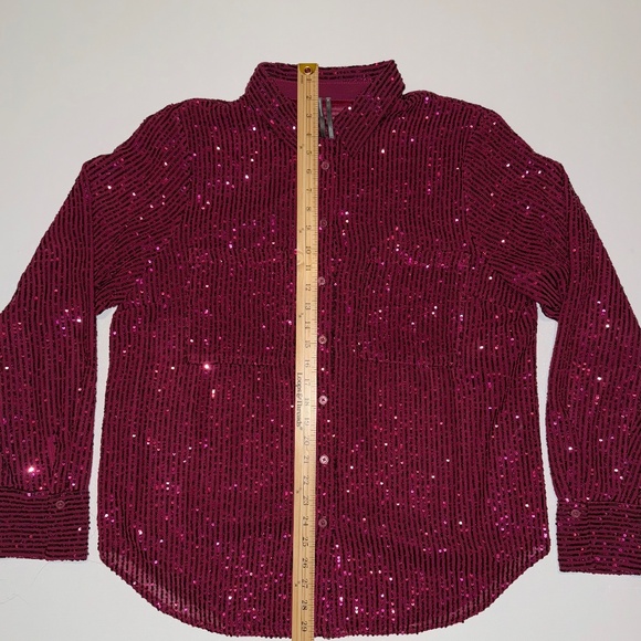 Anthropology Magenta Sequin Long Sleeve Button Up Blouse - Picture 3 of 6